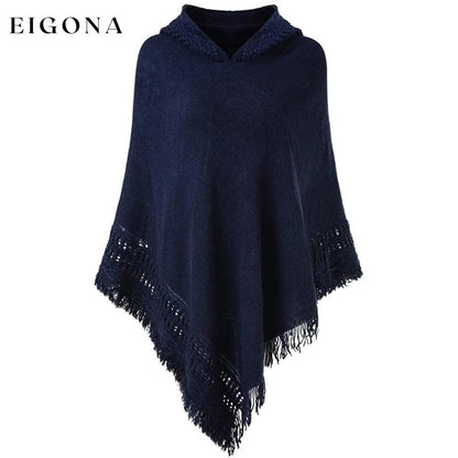 Womens Hooded Cape with Fringed Hem, Crochet Poncho Knitting Patterns Navy Blue __stock:50 Jackets & Coats refund_fee:1200