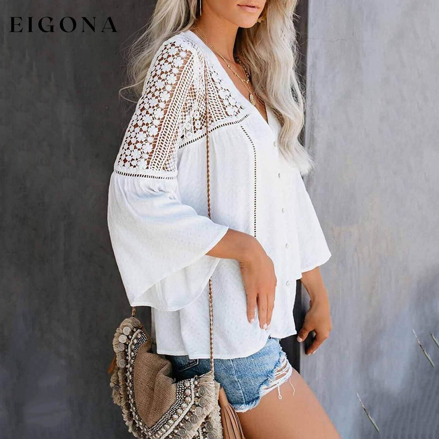 Women's Lace Crochet V Neck 3/4 Sleeve Button Down Blouses Casual Shirts Tops __stock:100 clothes refund_fee:1200 tops