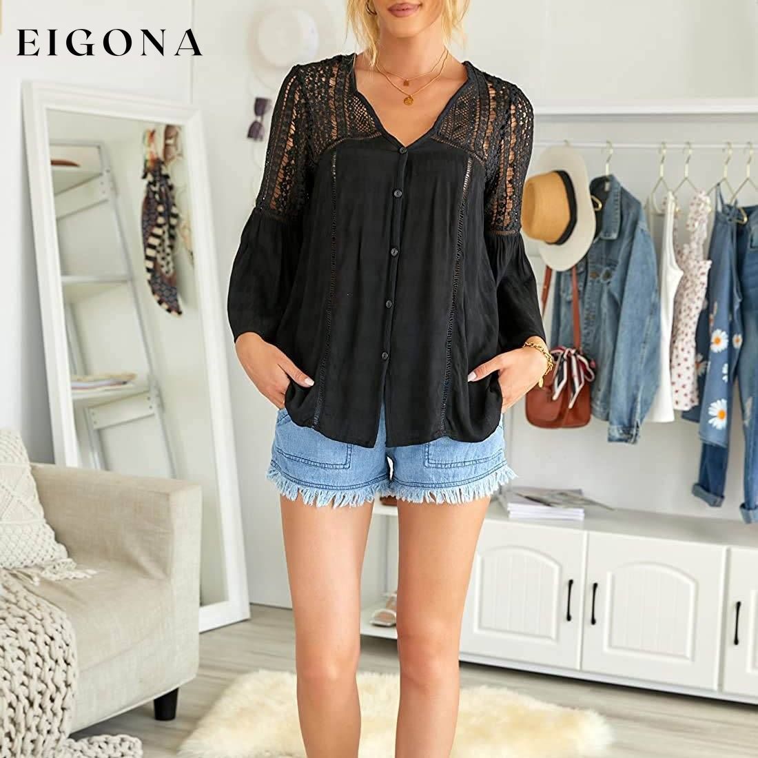 Women's Lace Crochet V Neck 3/4 Sleeve Button Down Blouses Casual Shirts Tops __stock:100 clothes refund_fee:1200 tops