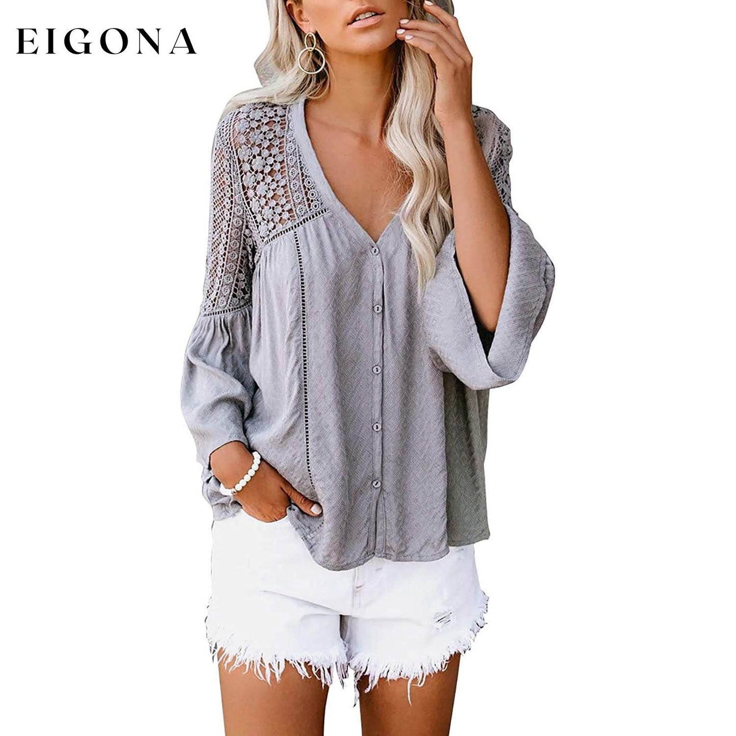 Women's Lace Crochet V Neck 3/4 Sleeve Button Down Blouses Casual Shirts Tops Gray __stock:100 clothes refund_fee:1200 tops