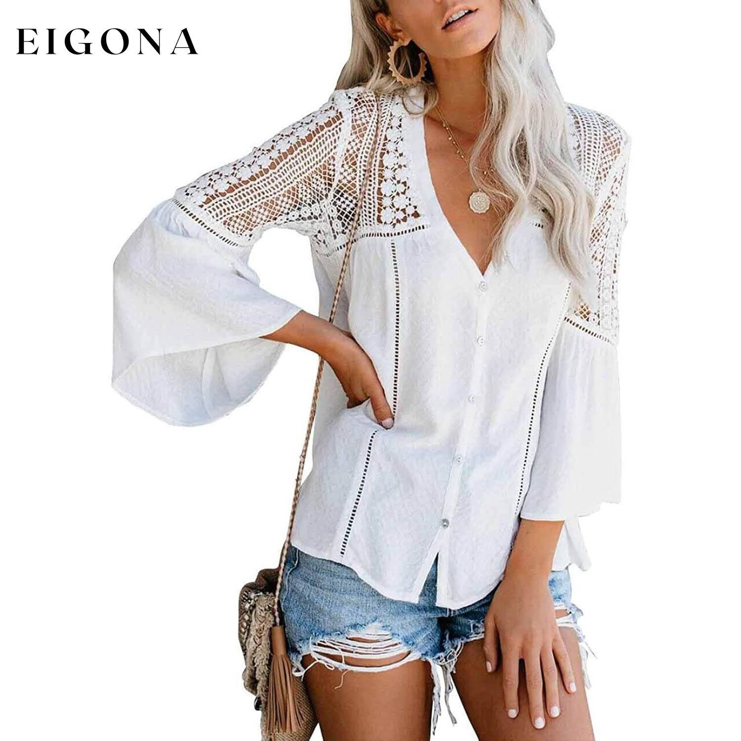 Women's Lace Crochet V Neck 3/4 Sleeve Button Down Blouses Casual Shirts Tops White __stock:100 clothes refund_fee:1200 tops