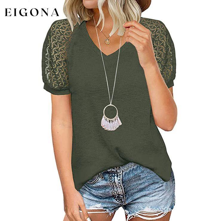 Women's Lace Short Sleeve V-Neck Top Army Green __stock:200 clothes refund_fee:800 tops