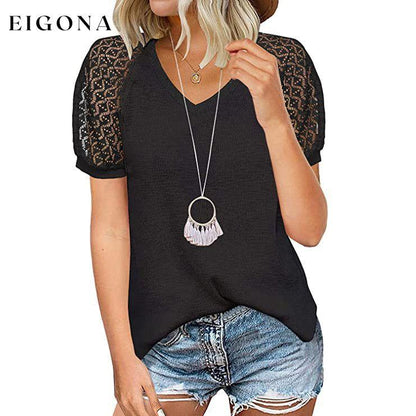 Women's Lace Short Sleeve V-Neck Top Black __stock:200 clothes refund_fee:800 tops