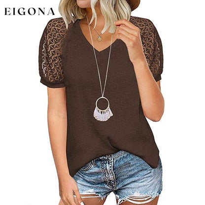 Women's Lace Short Sleeve V-Neck Top Coffee __stock:200 clothes refund_fee:800 tops