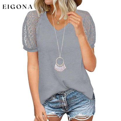Women's Lace Short Sleeve V-Neck Top Gray __stock:200 clothes refund_fee:800 tops