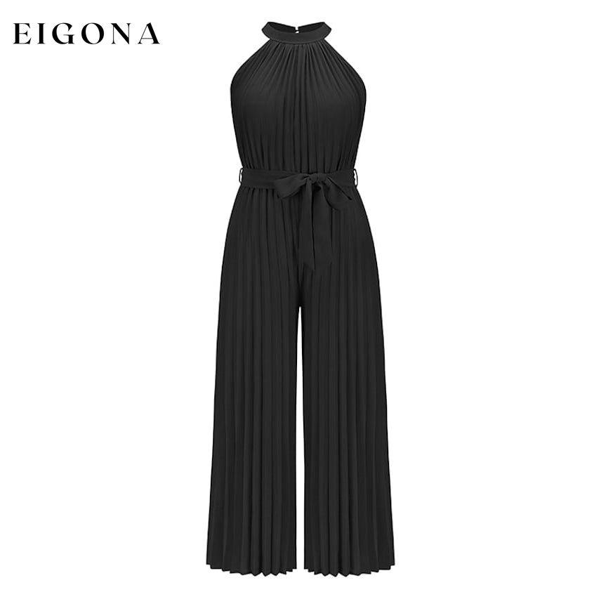 Women's Lace-Up Halter Casual Wide-Leg Jumpsuit Black __stock:200 casual dresses clothes dresses refund_fee:1200