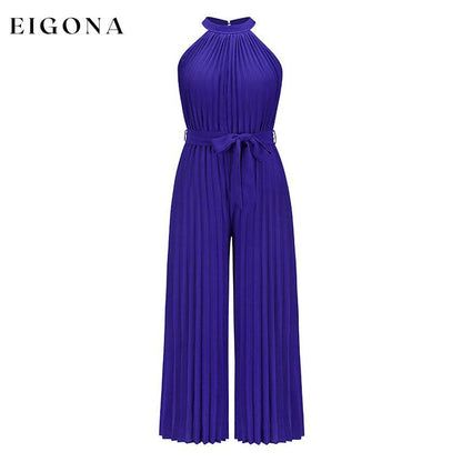 Women's Lace-Up Halter Casual Wide-Leg Jumpsuit Blue __stock:200 casual dresses clothes dresses refund_fee:1200