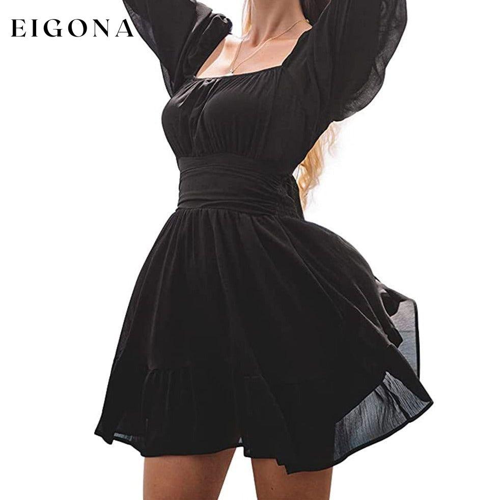 Women's Lantern Sleeve Tie Back Mini Dress Black __stock:200 casual dresses clothes dresses refund_fee:1200