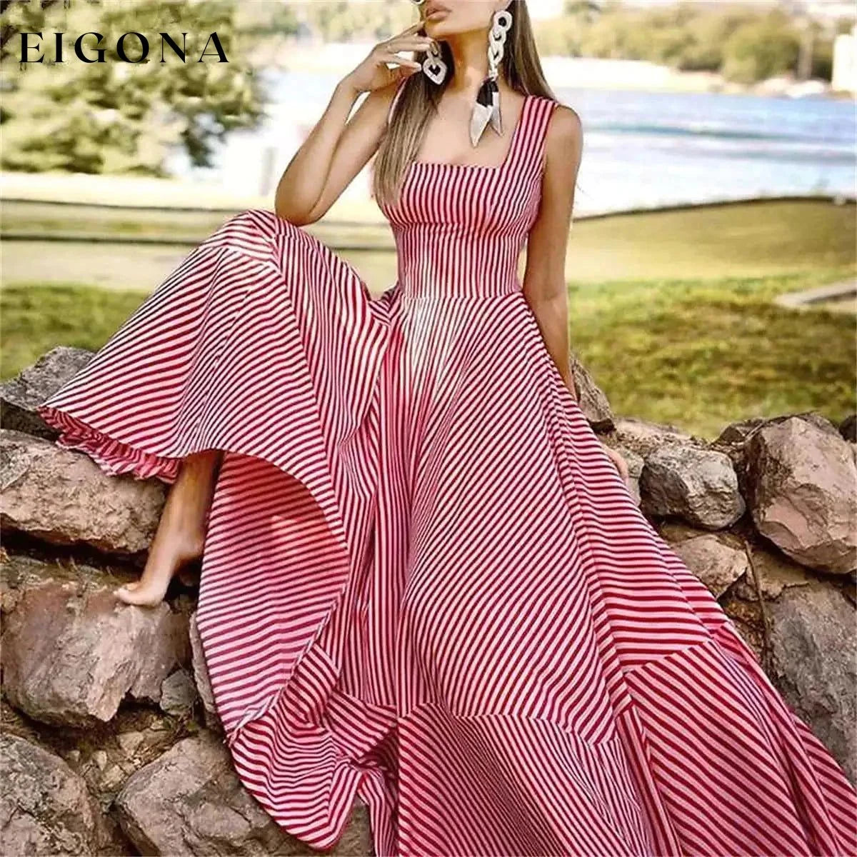 Women's Long A Line Striped Maxi Dress Red __stock:200 casual dresses clothes dresses refund_fee:1200