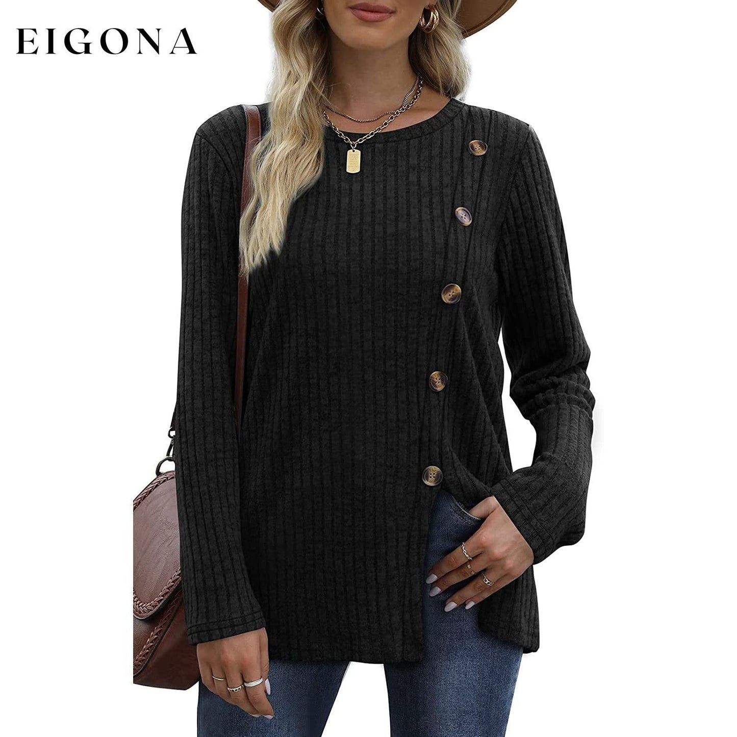 Women's Long Sleeve Crew Neck Tunic Tops Buttons Side Black __stock:200 clothes refund_fee:1200 tops