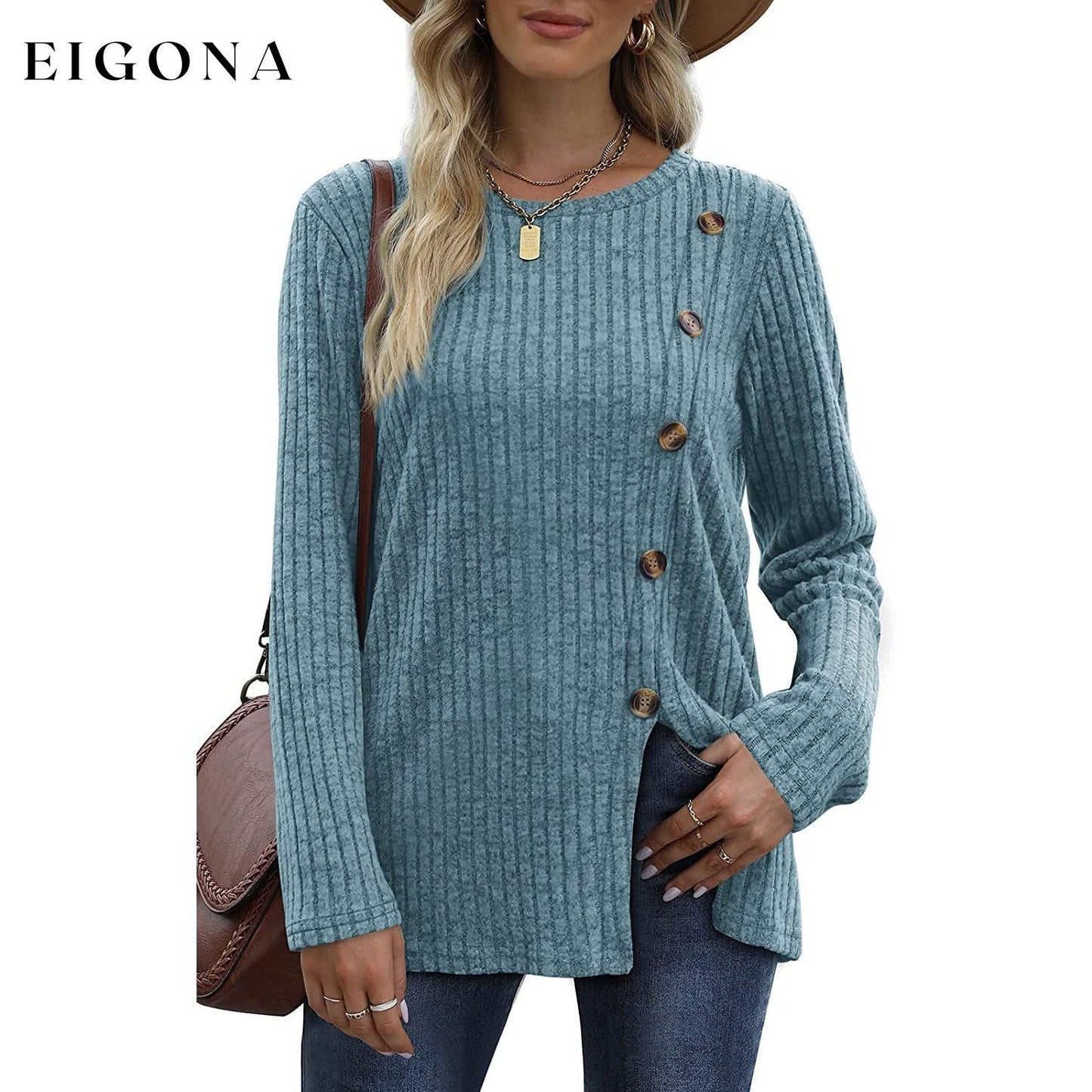 Women's Long Sleeve Crew Neck Tunic Tops Buttons Side Blue __stock:200 clothes refund_fee:1200 tops