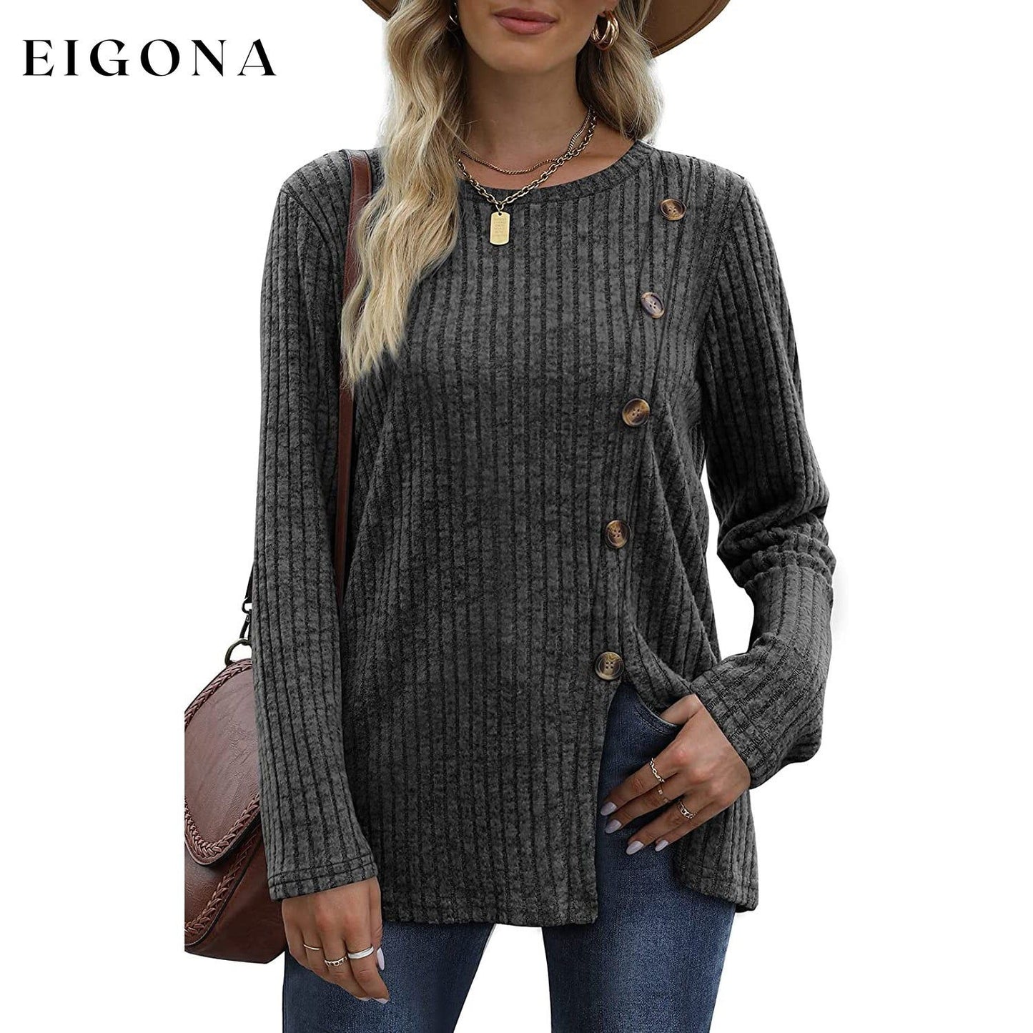 Women's Long Sleeve Crew Neck Tunic Tops Buttons Side Dark Gray __stock:200 clothes refund_fee:1200 tops