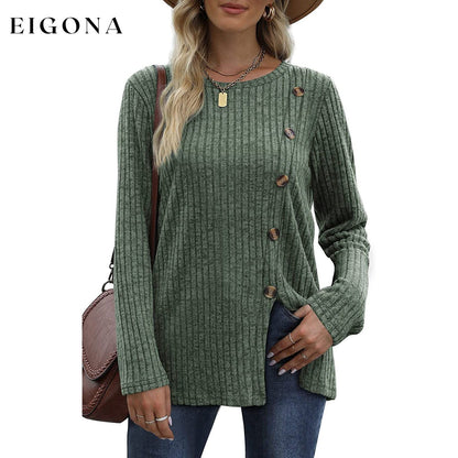 Women's Long Sleeve Crew Neck Tunic Tops Buttons Side Green __stock:200 clothes refund_fee:1200 tops