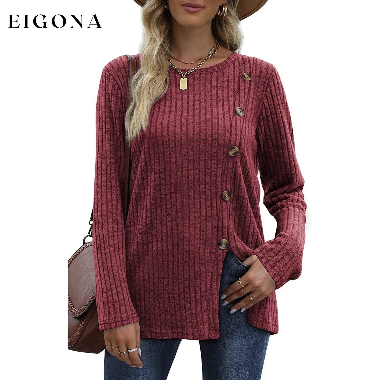 Women's Long Sleeve Crew Neck Tunic Tops Buttons Side Red __stock:200 clothes refund_fee:1200 tops