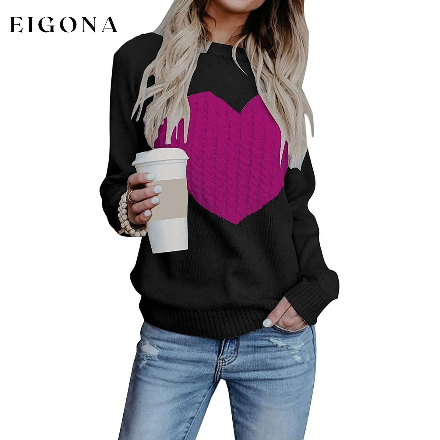 Women's Long Sleeve Crewneck Cute Heart Knitted Sweaters Black Purple __stock:500 clothes refund_fee:1200 tops