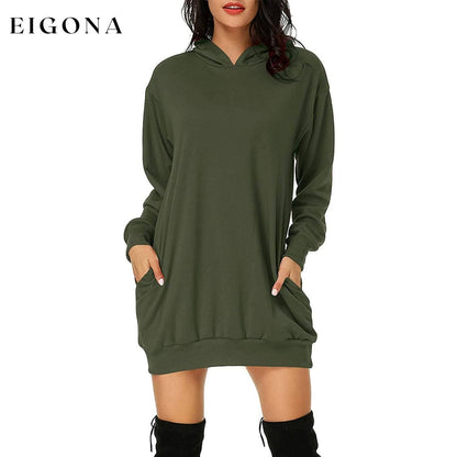 Women's Long Sleeve Hooded Pockets Pullover Hoodie Dress Tunic Sweatshirt Army Green __stock:50 casual dresses clothes dresses refund_fee:1200