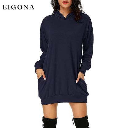 Women's Long Sleeve Hooded Pockets Pullover Hoodie Dress Tunic Sweatshirt Navy __stock:50 casual dresses clothes dresses refund_fee:1200