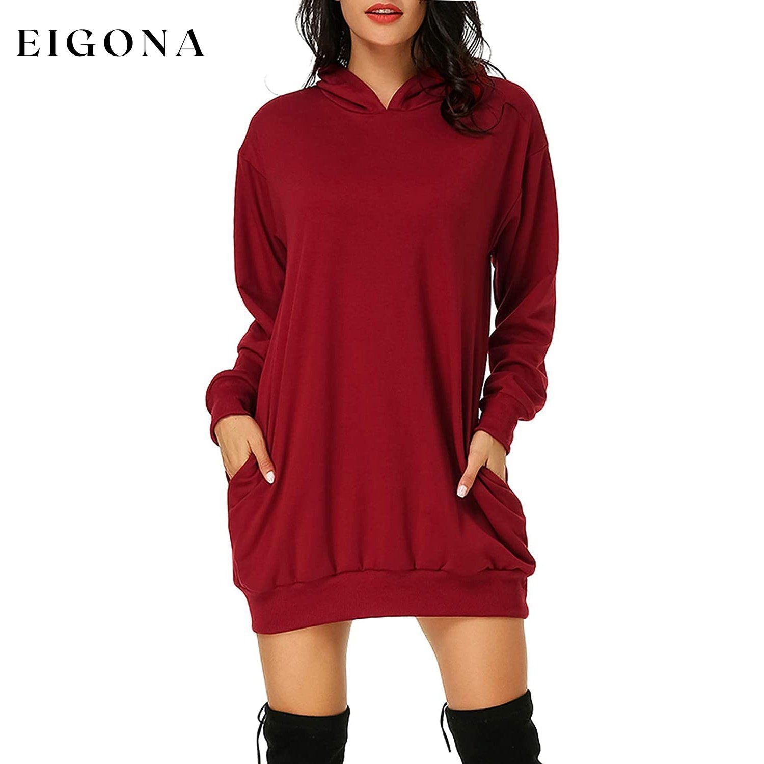 Women's Long Sleeve Hooded Pockets Pullover Hoodie Dress Tunic Sweatshirt Wine Red __stock:50 casual dresses clothes dresses refund_fee:1200