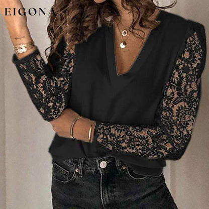Women's Long Sleeve Lace Patchwork V Neck Top Black __stock:200 clothes refund_fee:1200 tops
