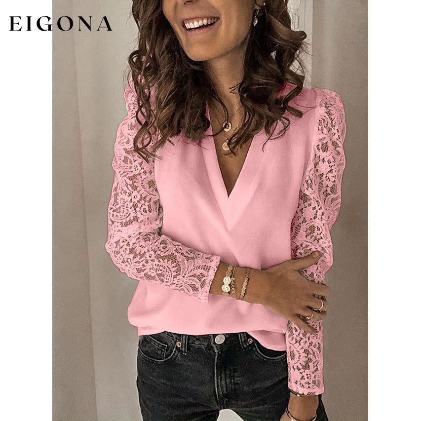 Women's Long Sleeve Lace Patchwork V Neck Top Pink __stock:200 clothes refund_fee:1200 tops
