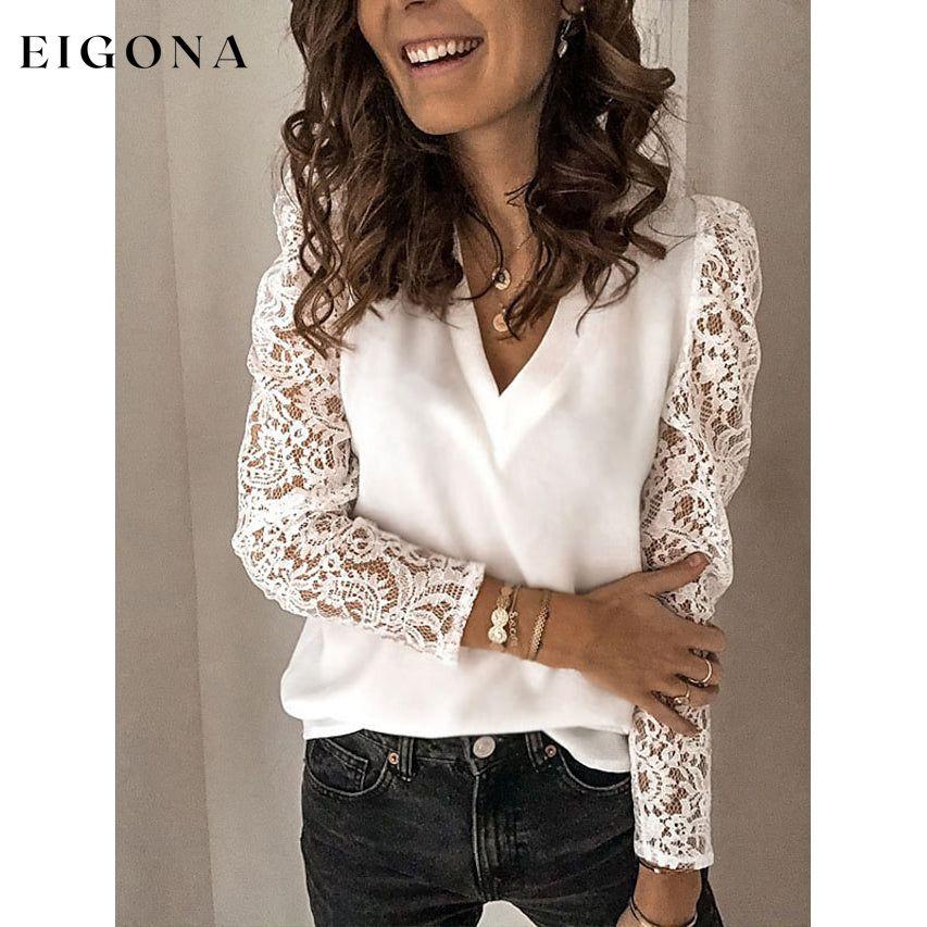 Women's Long Sleeve Lace Patchwork V Neck Top White __stock:200 clothes refund_fee:1200 tops