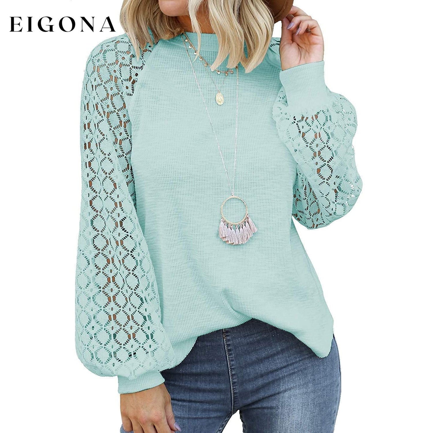 Women's Long Sleeve Lace Top Lake Blue __stock:200 clothes refund_fee:1200 tops