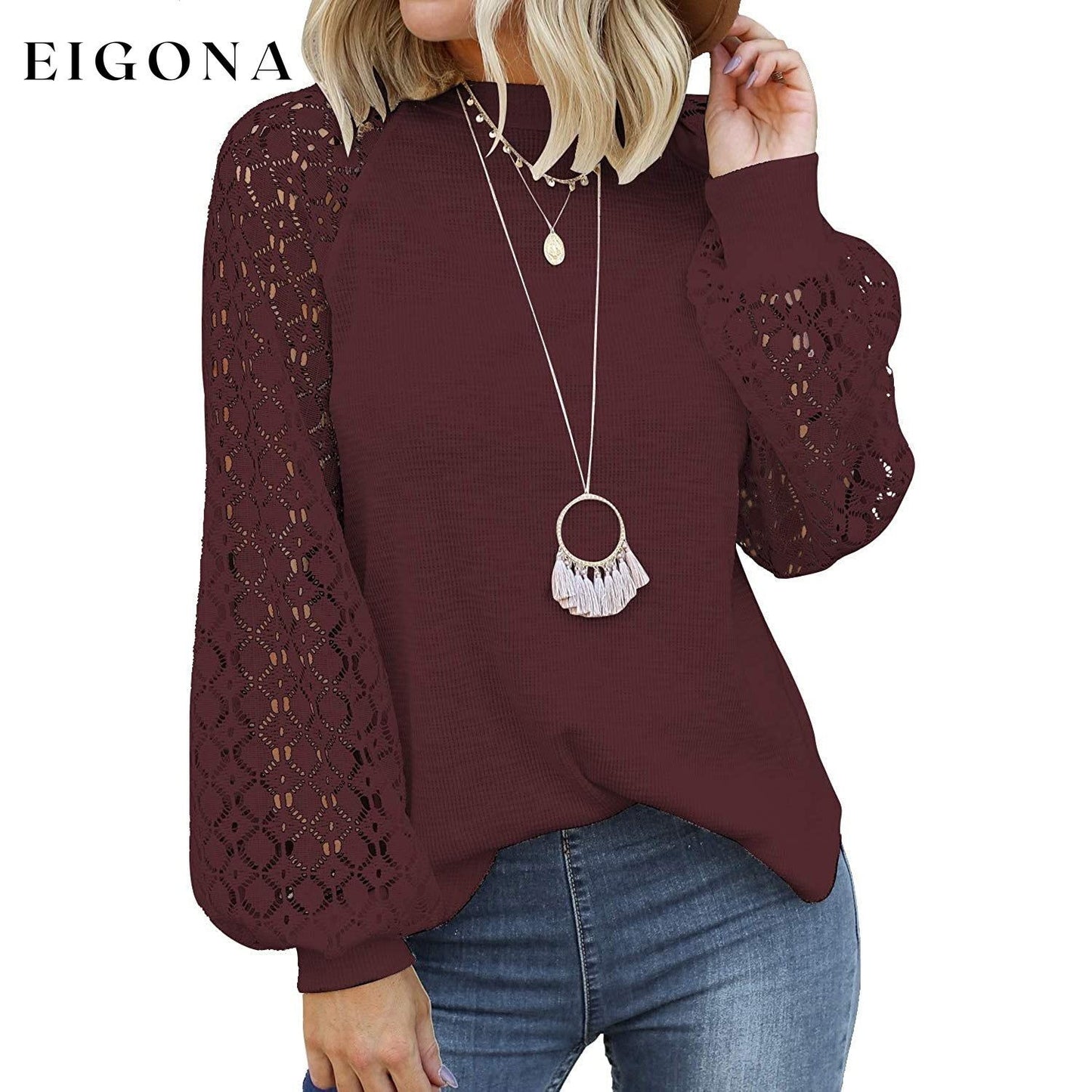 Women's Long Sleeve Lace Top Wine Red __stock:200 clothes refund_fee:1200 tops