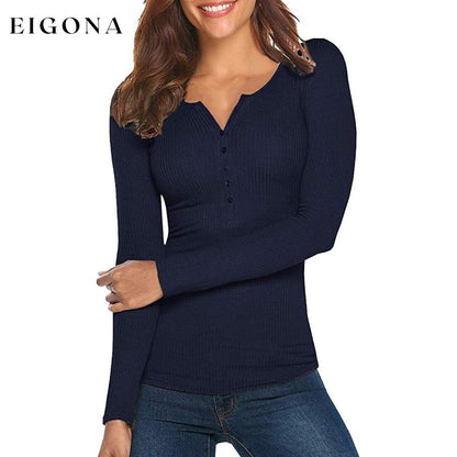 Women's Long Sleeve V Neck Ribbed Button Down Knit Sweater Fitted Top Navy Blue __stock:50 clothes refund_fee:800 tops