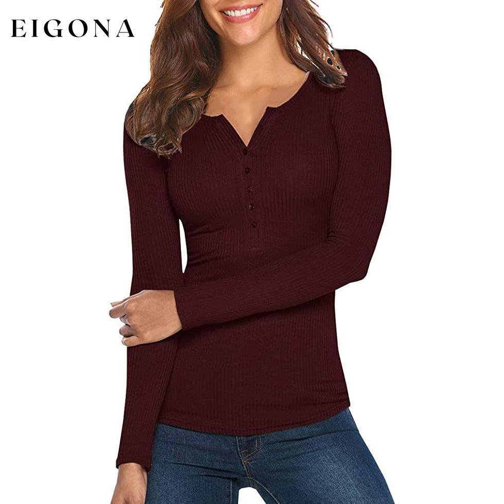 Women's Long Sleeve V Neck Ribbed Button Down Knit Sweater Fitted Top Wine Red __stock:50 clothes refund_fee:800 tops
