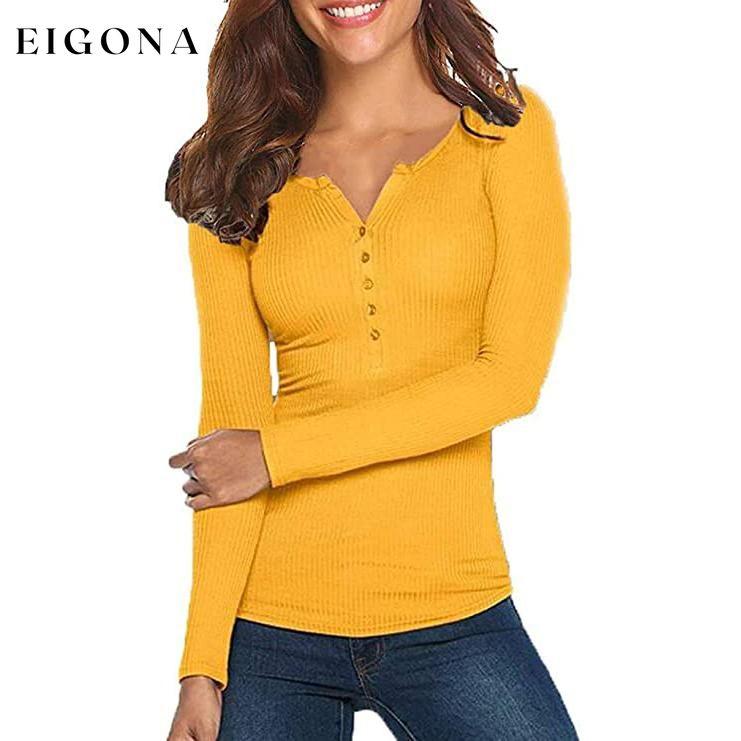 Women's Long Sleeve V Neck Ribbed Button Down Knit Sweater Fitted Top Yellow __stock:50 clothes refund_fee:800 tops
