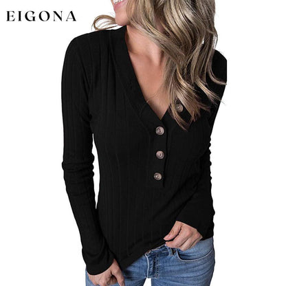 Women's Long Sleeve V Neck Ribbed Button Knit Sweater Black __stock:100 clothes refund_fee:1200 tops