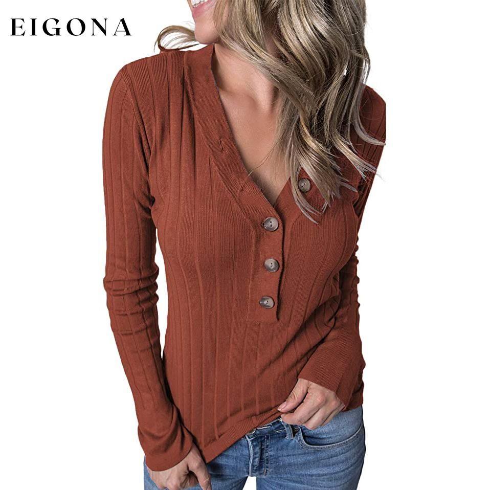 Women's Long Sleeve V Neck Ribbed Button Knit Sweater Brown __stock:100 clothes refund_fee:1200 tops