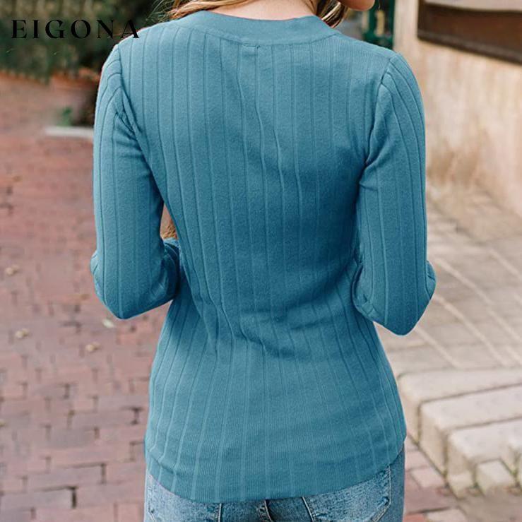 Women's Long Sleeve V Neck Ribbed Button Knit Sweater __stock:100 clothes refund_fee:1200 tops