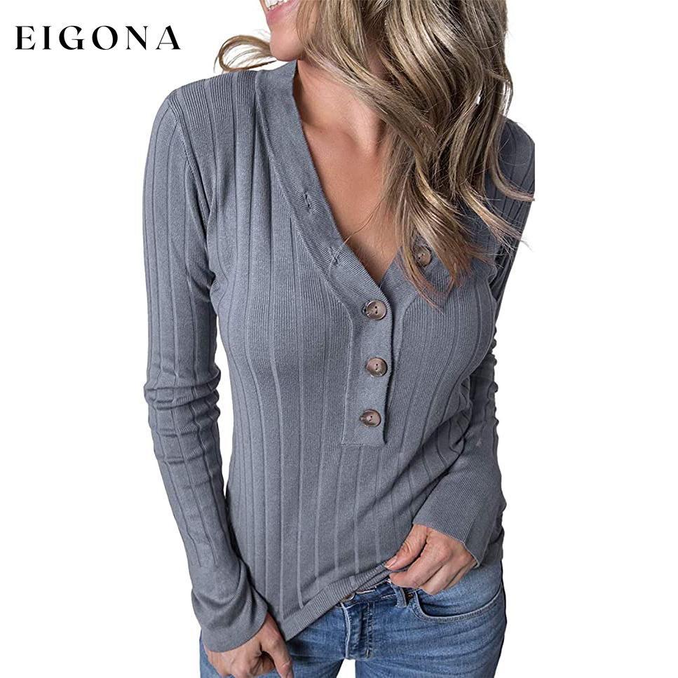 Women's Long Sleeve V Neck Ribbed Button Knit Sweater Gray __stock:100 clothes refund_fee:1200 tops