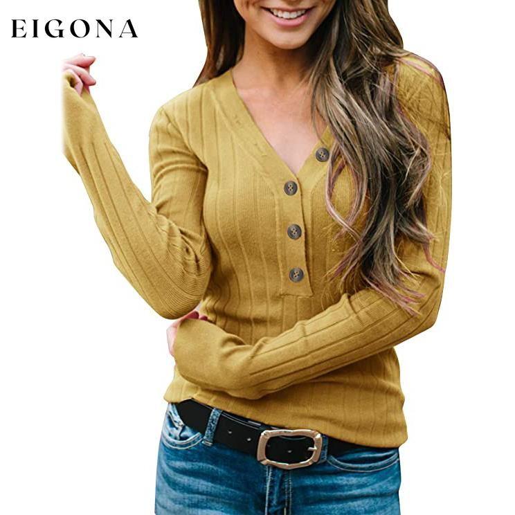 Women's Long Sleeve V Neck Ribbed Button Knit Sweater Yellow __stock:100 clothes refund_fee:1200 tops