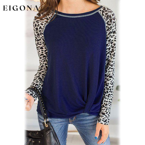 Women's Long Sleeved Leopard Print Twist Top Dark Blue __stock:200 clothes refund_fee:1200 tops
