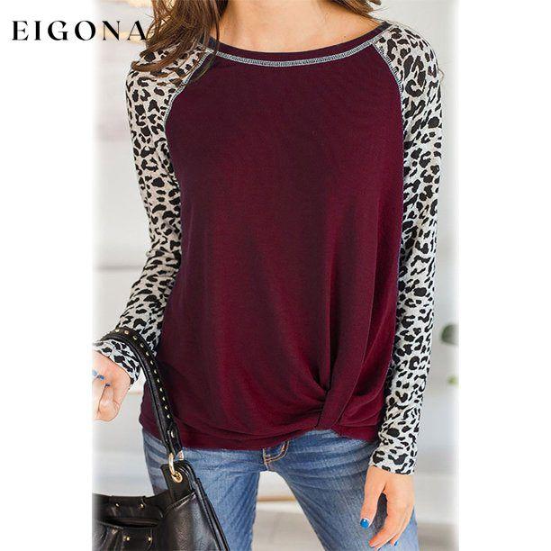 Women's Long Sleeved Leopard Print Twist Top Wine Red __stock:200 clothes refund_fee:1200 tops