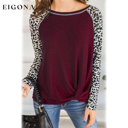 Women's Long Sleeved Leopard Print Twist Top Wine Red __stock:200 clothes refund_fee:1200 tops