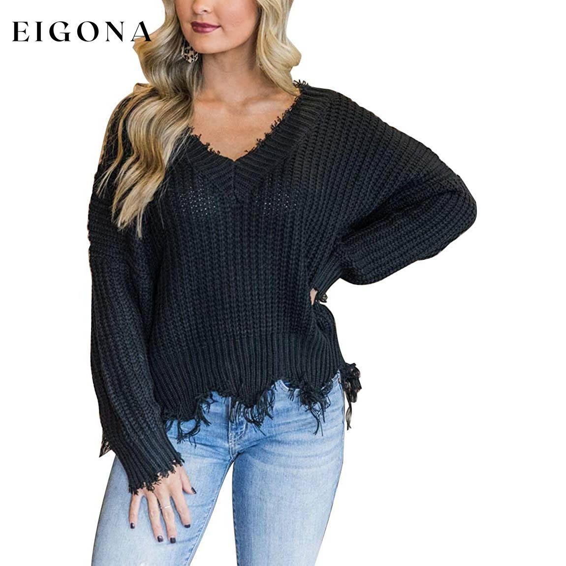 Women's Loose Knitted Sweater Long Sleeve V-Neck Ripped Pullover Sweaters Crop Top Knit Jumper Black __stock:200 clothes refund_fee:1200 tops