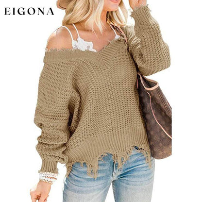 Women's Loose Knitted Sweater Long Sleeve V-Neck Ripped Pullover Sweaters Crop Top Knit Jumper Camel __stock:200 clothes refund_fee:1200 tops