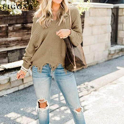Women's Loose Knitted Sweater Long Sleeve V-Neck Ripped Pullover Sweaters Crop Top Knit Jumper __stock:200 clothes refund_fee:1200 tops