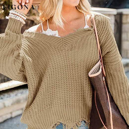 Women's Loose Knitted Sweater Long Sleeve V-Neck Ripped Pullover Sweaters Crop Top Knit Jumper __stock:200 clothes refund_fee:1200 tops