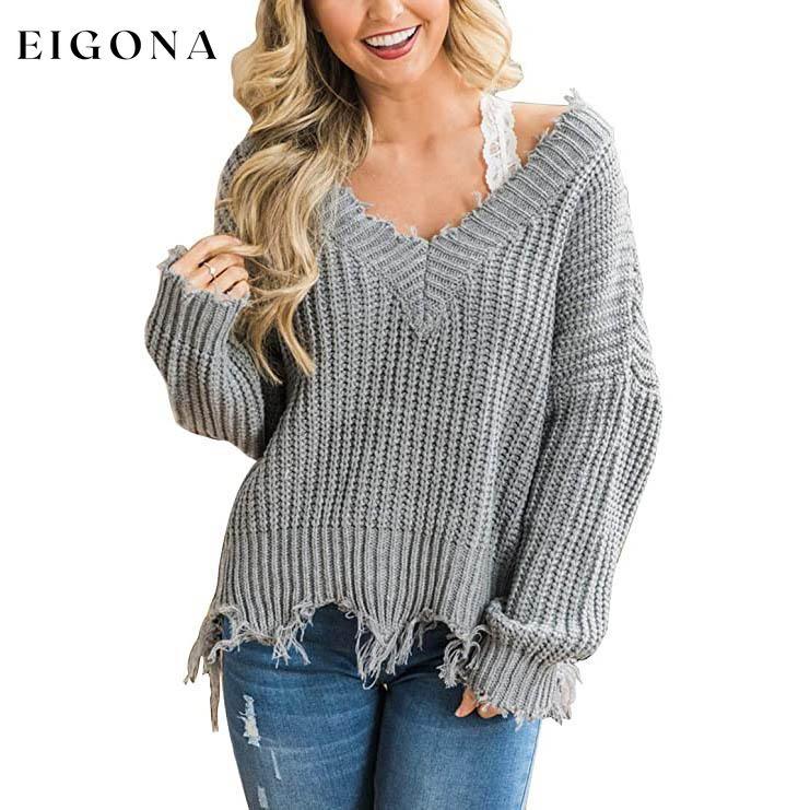 Women's Loose Knitted Sweater Long Sleeve V-Neck Ripped Pullover Sweaters Crop Top Knit Jumper Gray __stock:200 clothes refund_fee:1200 tops