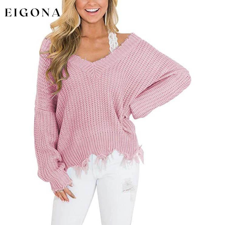 Women's Loose Knitted Sweater Long Sleeve V-Neck Ripped Pullover Sweaters Crop Top Knit Jumper Pink __stock:200 clothes refund_fee:1200 tops