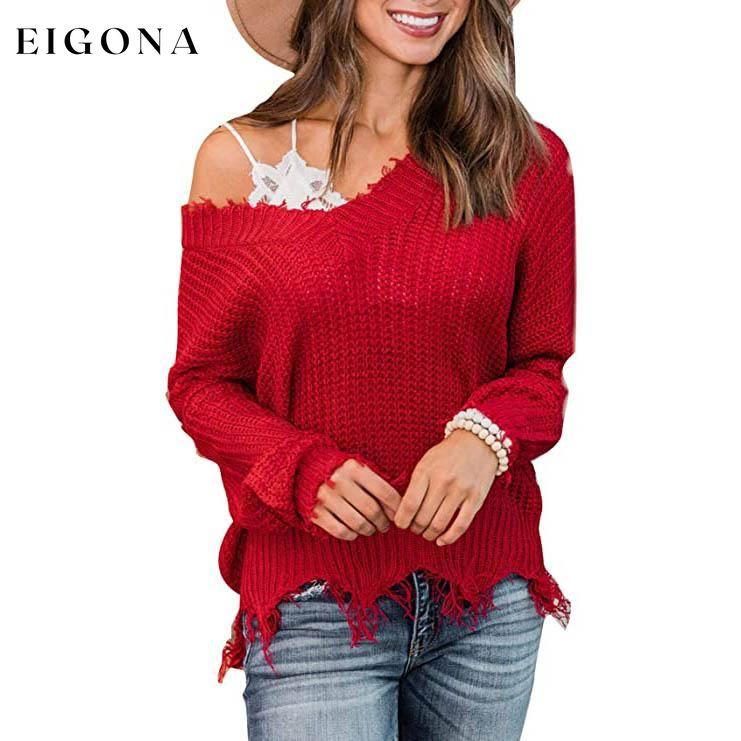 Women's Loose Knitted Sweater Long Sleeve V-Neck Ripped Pullover Sweaters Crop Top Knit Jumper Red __stock:200 clothes refund_fee:1200 tops