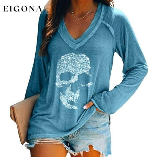 Women's Loose Skull Printed Long Sleeved V-neck Shirts Cotton Tops Blue __stock:200 clothes refund_fee:800 tops