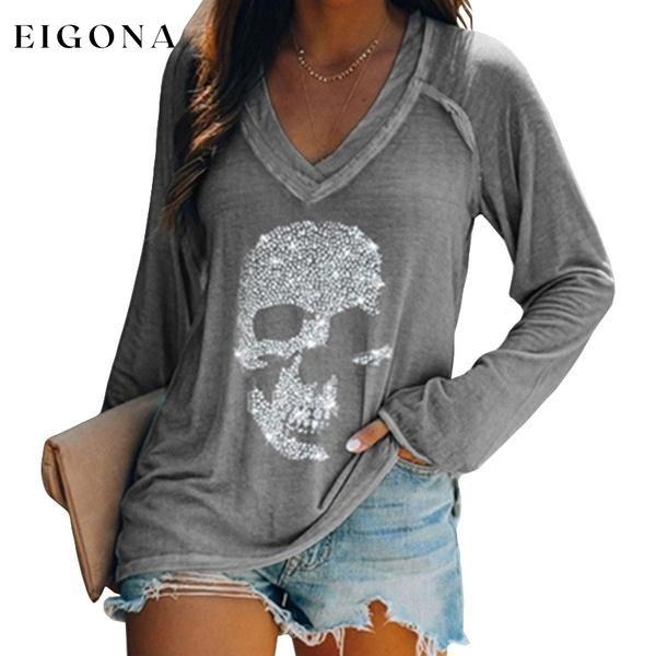 Women's Loose Skull Printed Long Sleeved V-neck Shirts Cotton Tops Gray __stock:200 clothes refund_fee:800 tops