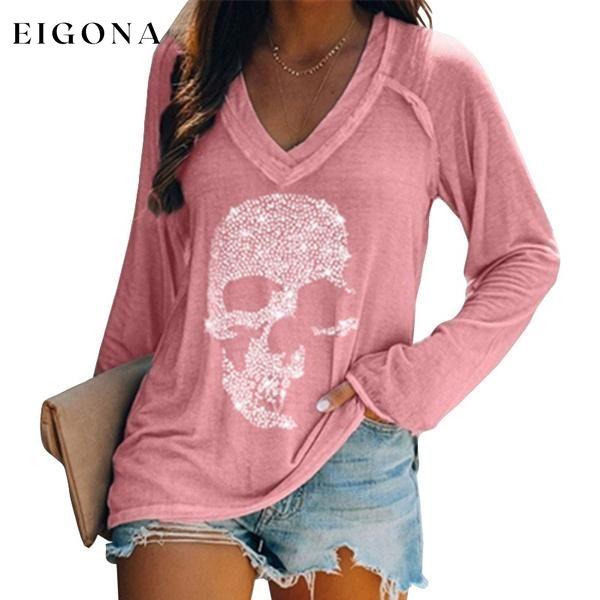 Women's Loose Skull Printed Long Sleeved V-neck Shirts Cotton Tops Pink __stock:200 clothes refund_fee:800 tops