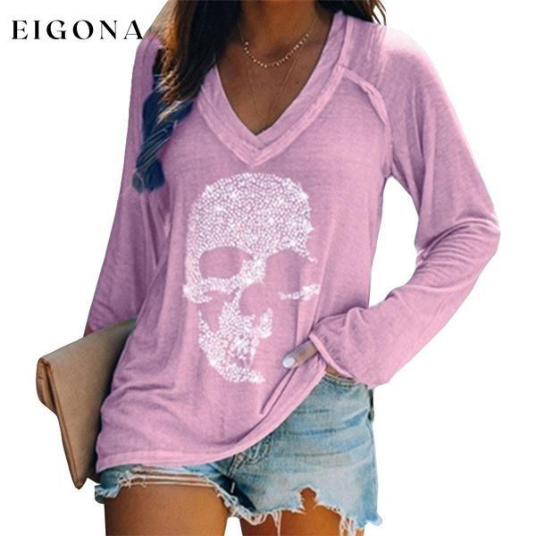 Women's Loose Skull Printed Long Sleeved V-neck Shirts Cotton Tops Purple __stock:200 clothes refund_fee:800 tops