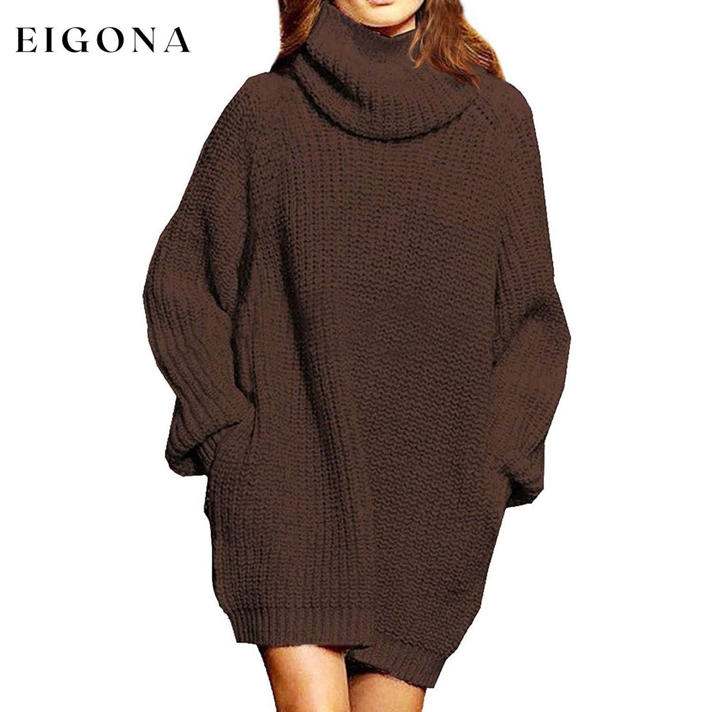 Women's Loose Turtleneck Oversize Long Pullover Sweater Dress Coffee __stock:100 casual dresses clothes dresses refund_fee:1200